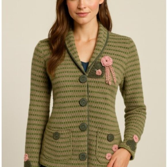 Sigrid Olsen Green Wool Blend Knit Sweater Cardigan Crochet Floral Accents PM - Picture 1 of 12